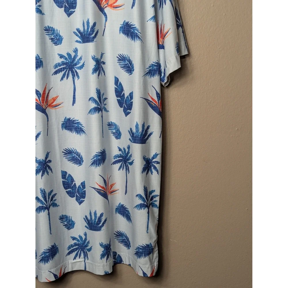 Sunday Crew Polo Shirt Mens XL White Blue Tropical Palm Bird of Paradise UPF 50+
